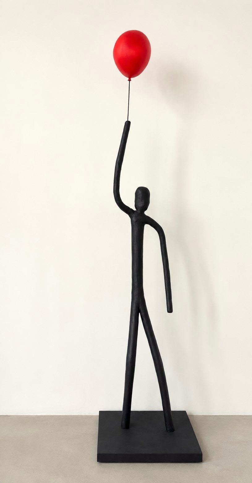 Sculpture noire élancée tenant un ballon rouge
